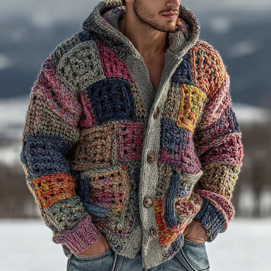 Men's Retro Geometric Knitted Warm Button Hooded Sweater artswardrobe