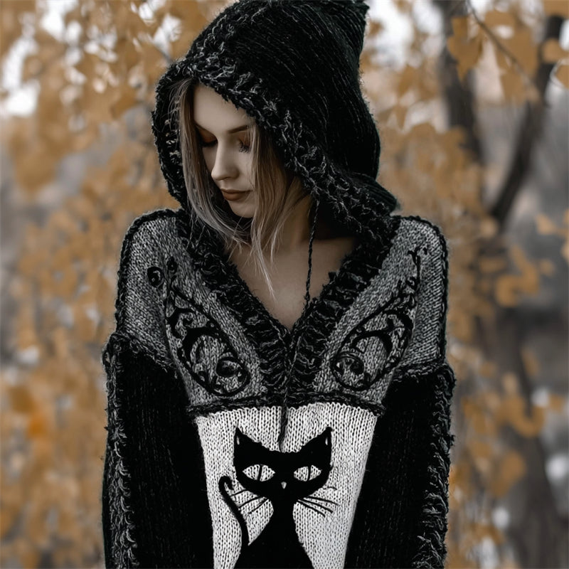 Halloween Vintage Gothic Black Cat Contrast Knit Hooded Sweater elevenforest