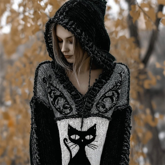 Halloween Vintage Gothic Black Cat Contrast Knit Hooded Sweater elevenforest