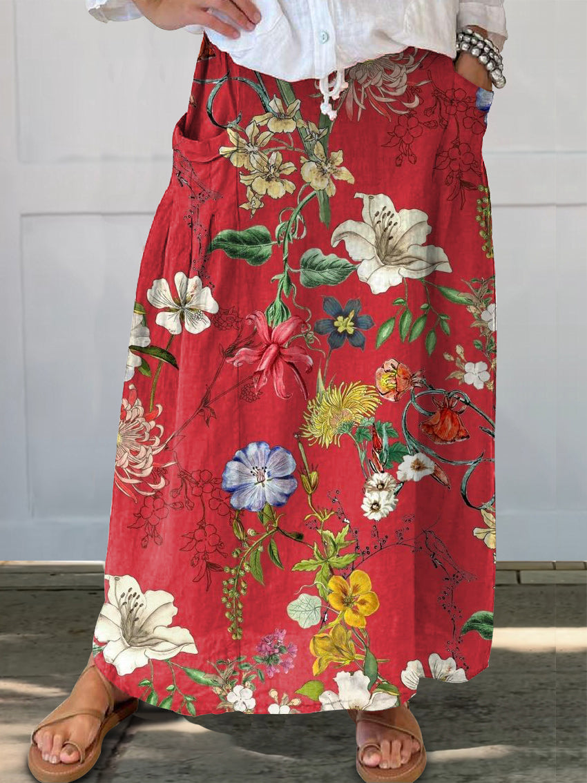 Women's Retro Flower Print Linen Pocket Skirt
