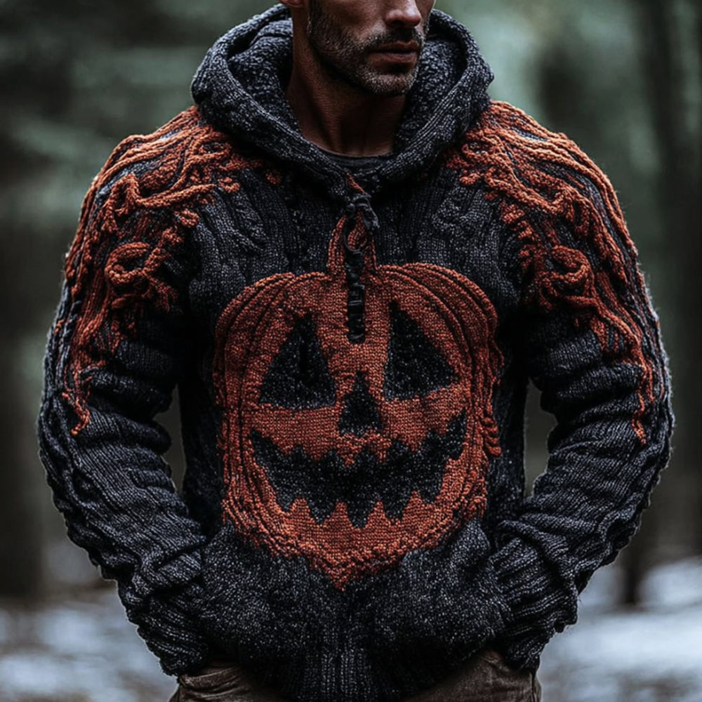 Men's Halloween Evil Pumpkin Head Color Blocked Hoodie Sweater artswardrobe