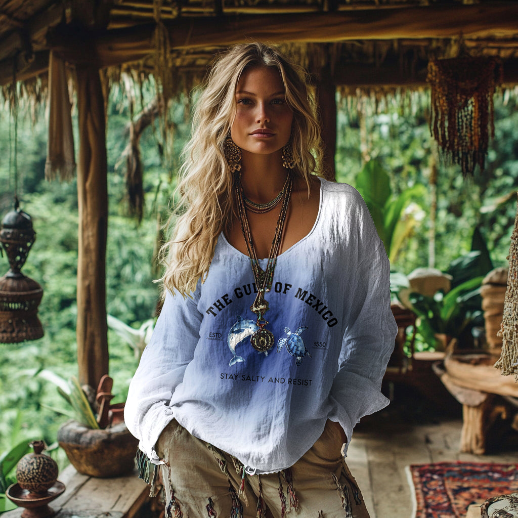 Comstylish Retro Bohemian Gulf Of Mexico In Gradient Print Cotton And Linen Blend Loose Blouse