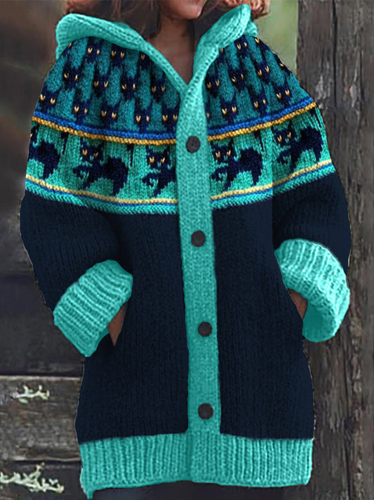 Vintage Black Cats Yoke Contrast Cozy Knit Hooded Cardigan elevenforest