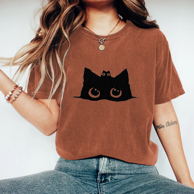 Comstylish Abstract Creative Cute Black Cat Art Print T-shirt