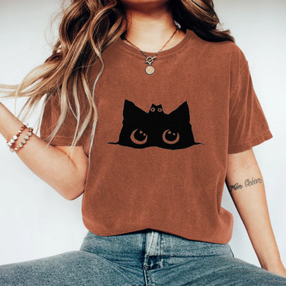 Comstylish Abstract Creative Cute Black Cat Art Print T-shirt