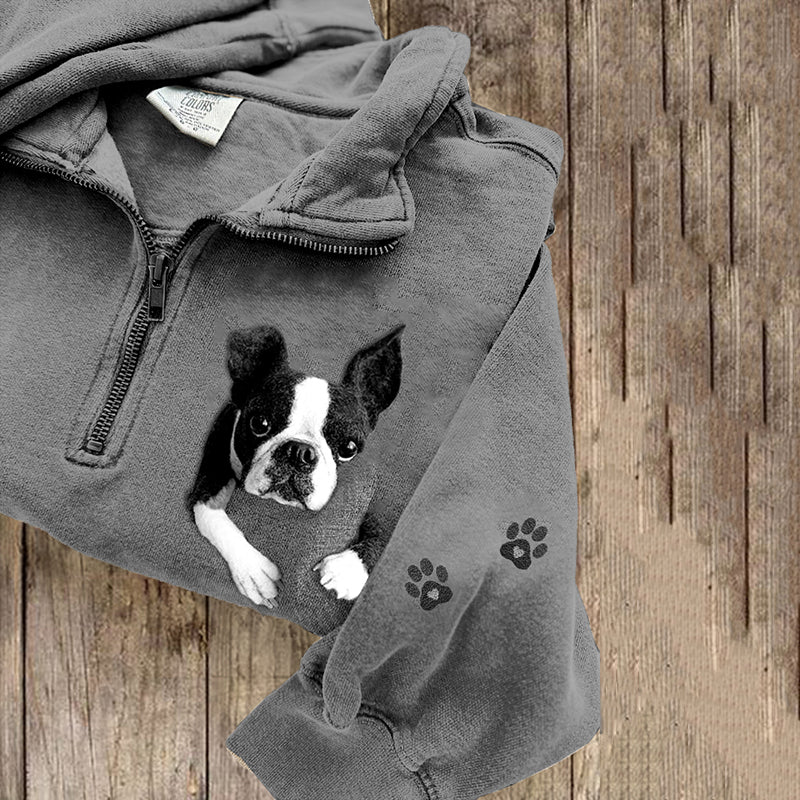 Comstylish Cute Boston Terrier Lazy Puppy Applique Wool Felt Art Zipper Sweatshirt