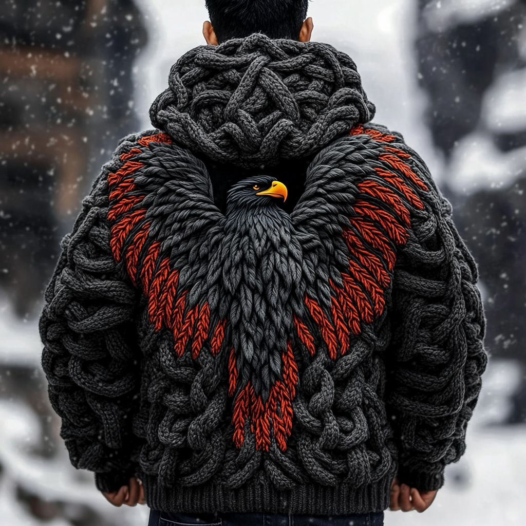 Men's Viking Tribal Eagle Celtic Thick Knit Zip-up Hooded Sweater elevenforest