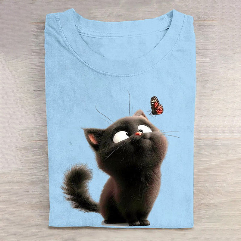 Funny Cat Print Loose Crew Neck Casual T-Shirt elevenforest