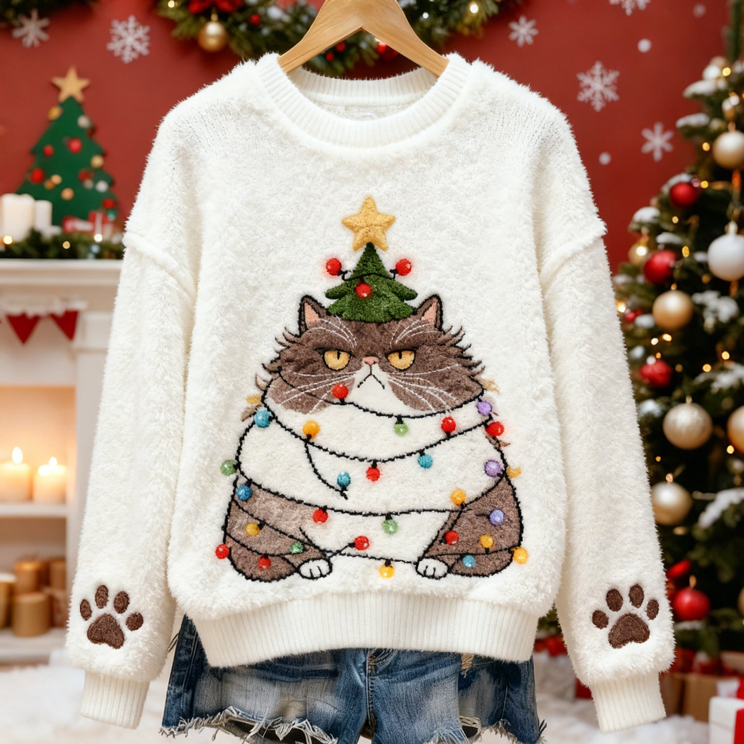 Comstylish Cute Fairy Light Cat Christmas Tree Pattern Warm Crew Neck Sweater