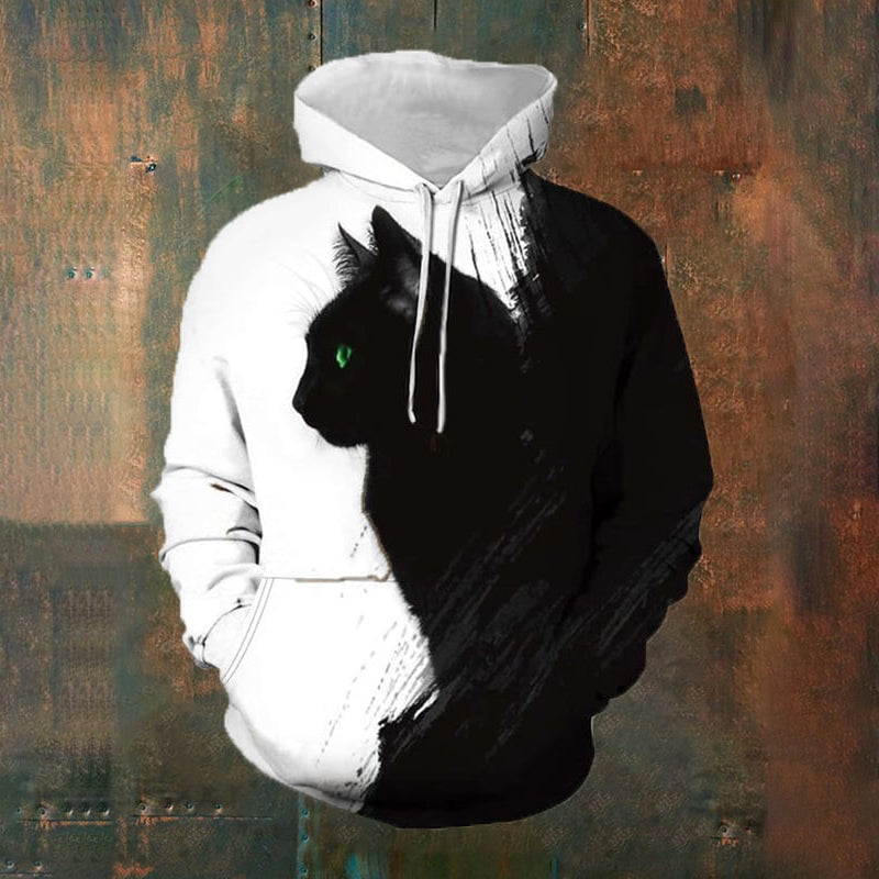 Men's Black And White Contrast Cat Print Casual Hoodie elevenforest