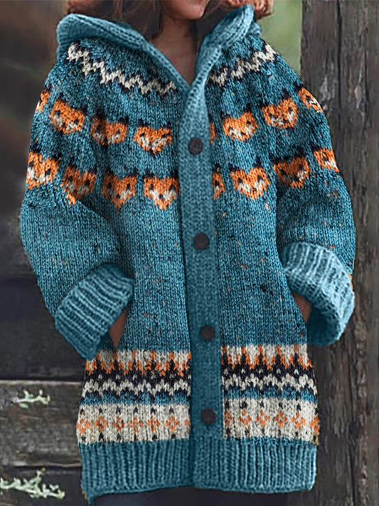 Vintage Fox Faces Icelandic Cozy Knit Hooded Cardigan elevenforest