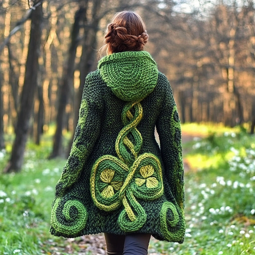Women's Vintage Irish Shamrock Jacquard Pocket Hooded Cardigan Sweater artswardrobe