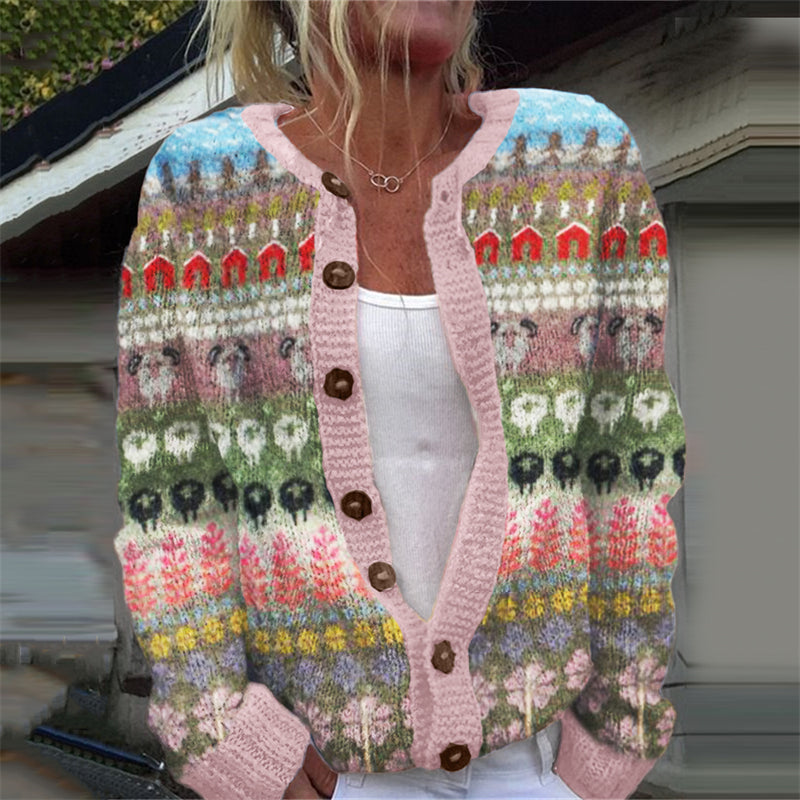 Comstylish Vintage Farm Sheep Floral Isle Cozy Knit Cardigan