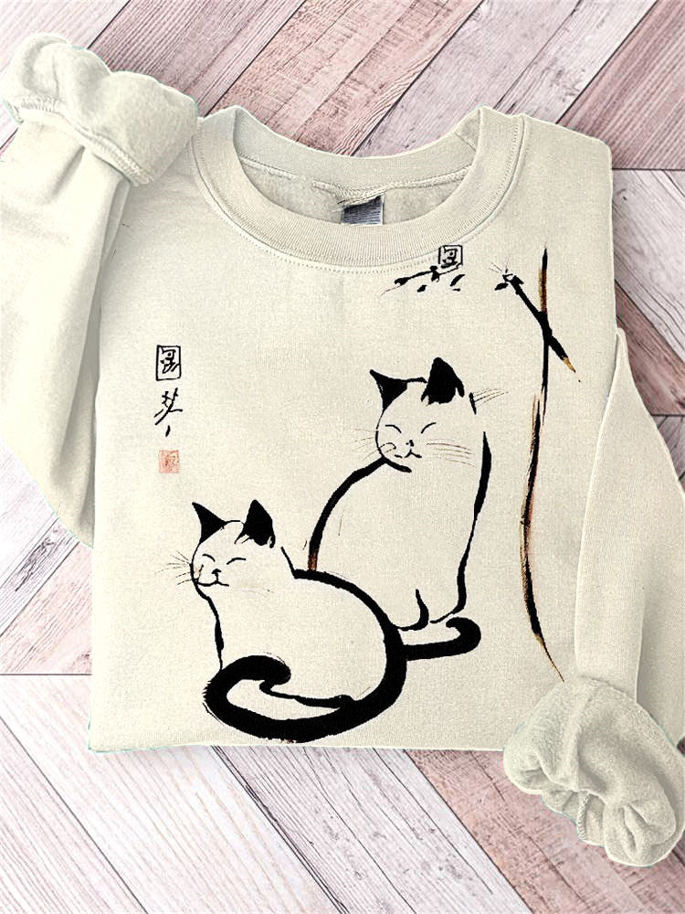 Japanese Art Cute Vintage Cats Print Sweatshirt elevenforest