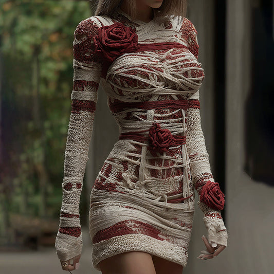 Comstylish Women's Halloween Muscle Anatomy Bandage With Rose Art Cozy Knit Mini Sweater Dress