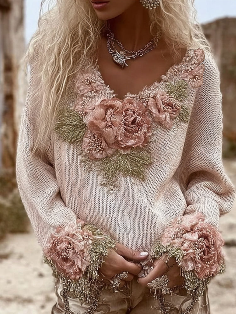 Women's Vintage Embroidered Flower Patchwork Long-sleeved V-neck Sweater artswardrobe