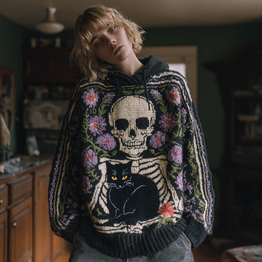 Women's Skull And Black Cat Knitted Jacquard Hooded Sweater artswardrobe