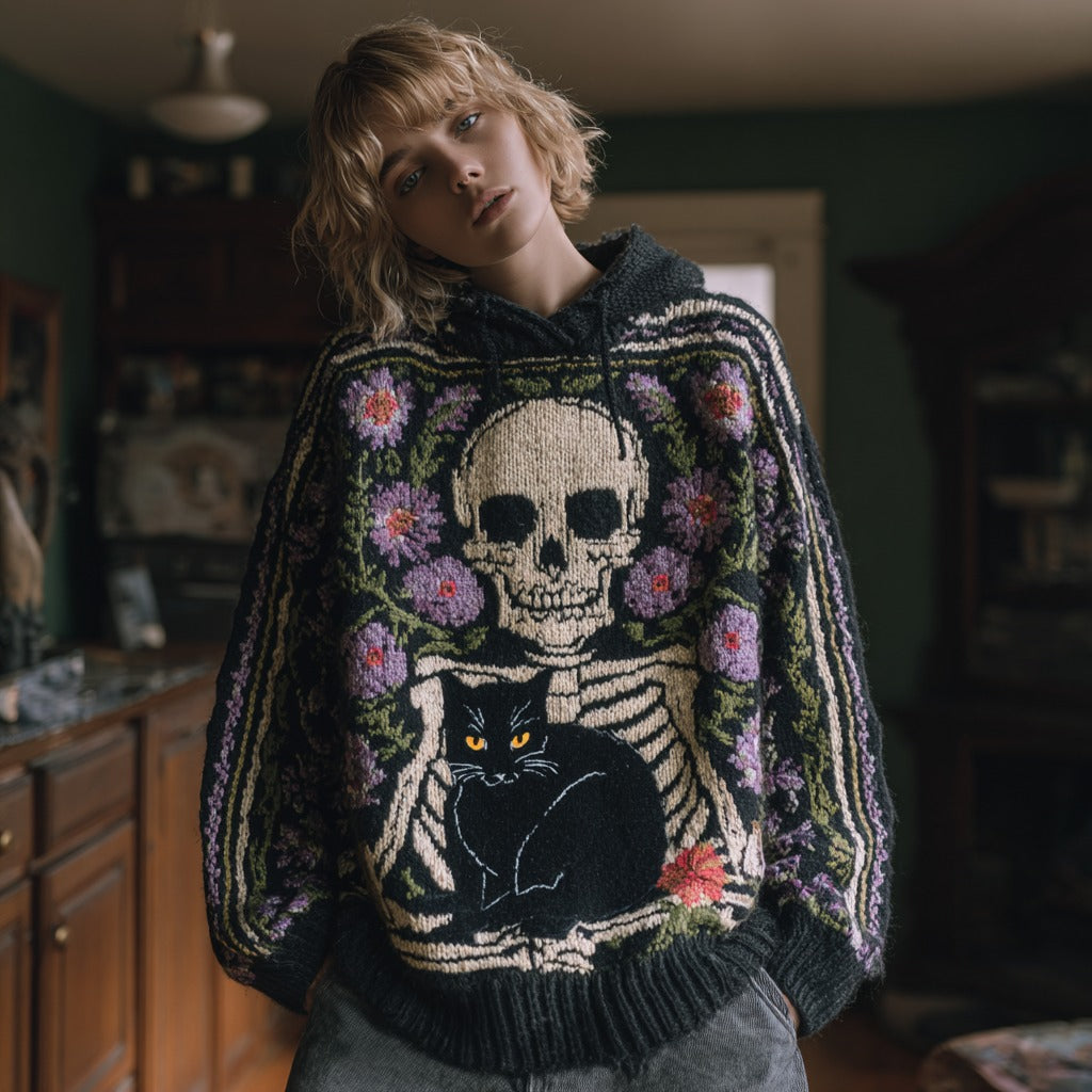 Women's Skull And Black Cat Knitted Jacquard Hooded Sweater elevenforest