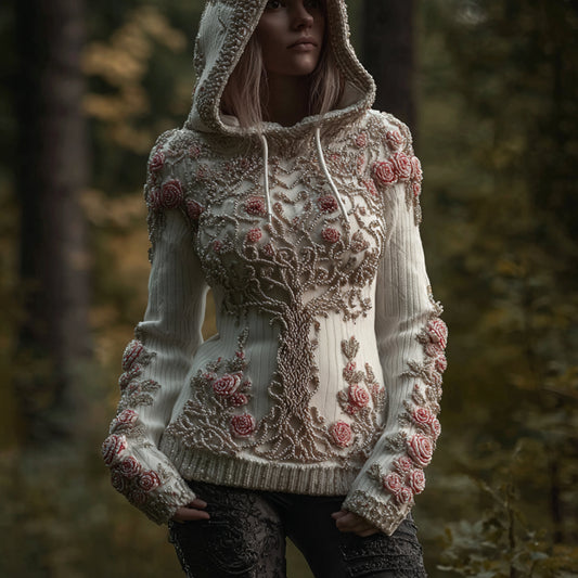 Women's Viking Style Tree Of Life Beaded Hooded Sweater artswardrobe