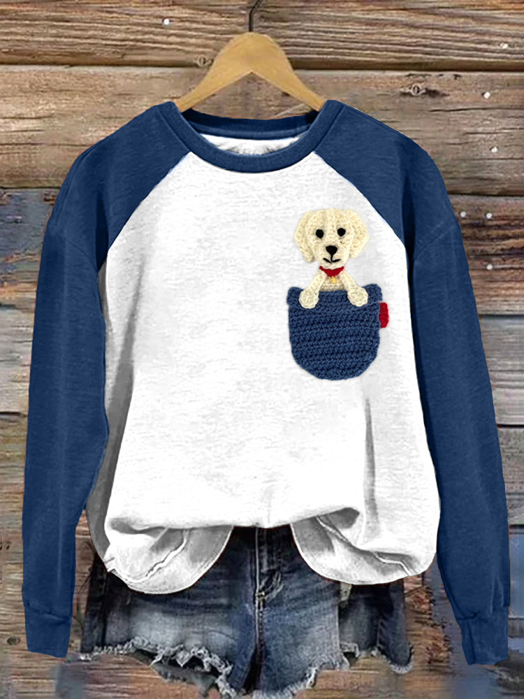 Comstylish Cute Dog Crochet Applique Pattern Cozy Sweatshirt