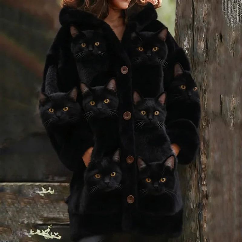 Cardigan in lana con stampa di tanti gatti