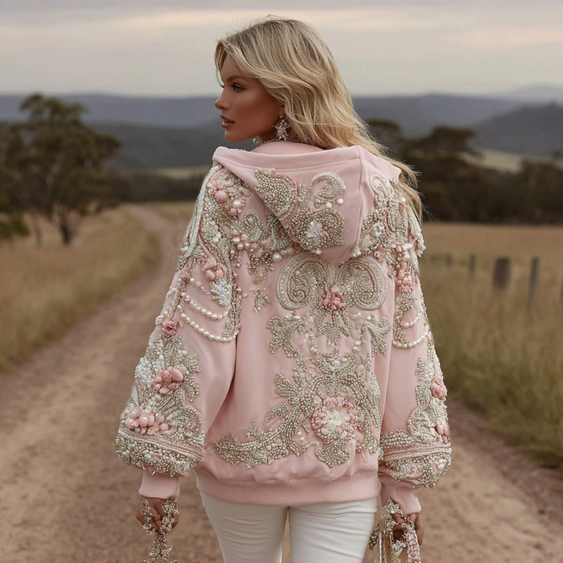 Comstylish Women's Vintage Flower Embroidery Art Long Sleeve Hoodie