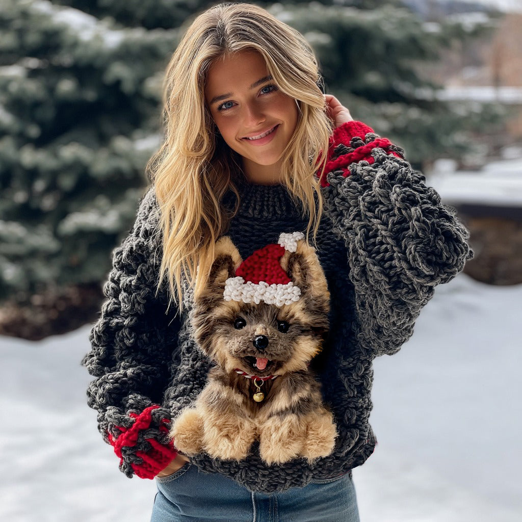 Comstylish Christmas Cute German Shepherd Puppy Chunky Knit Cozy Sweater