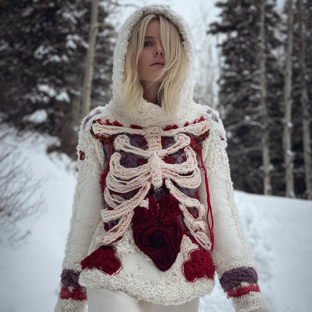 Vintage Halloween Anatomy Art Knit Fuzzy Hooded Sweater artswardrobe