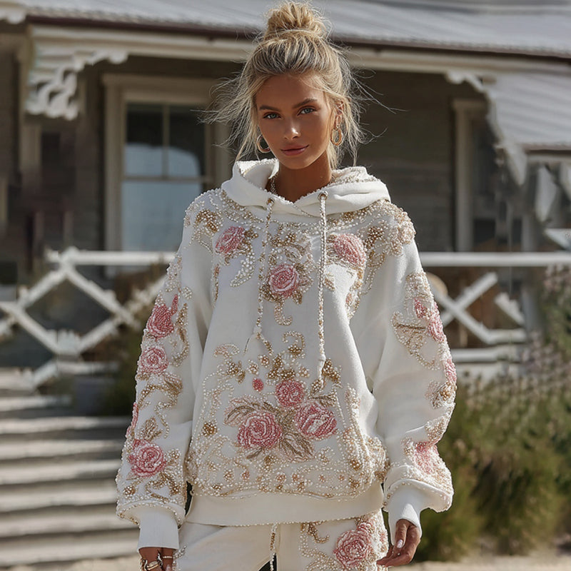 Comstylish Women's Classic Rose Embroidery Art Casual Hoodie