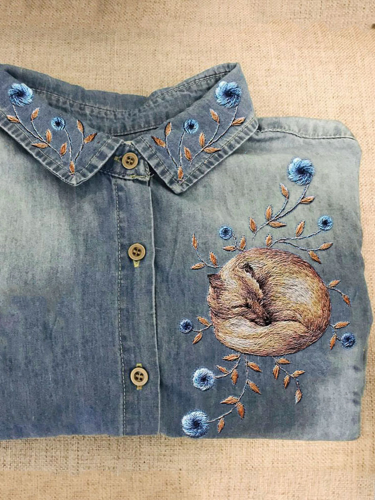 Comstylish Forest Sleeping Fox Floral Embroidered Washed Denim Blouse