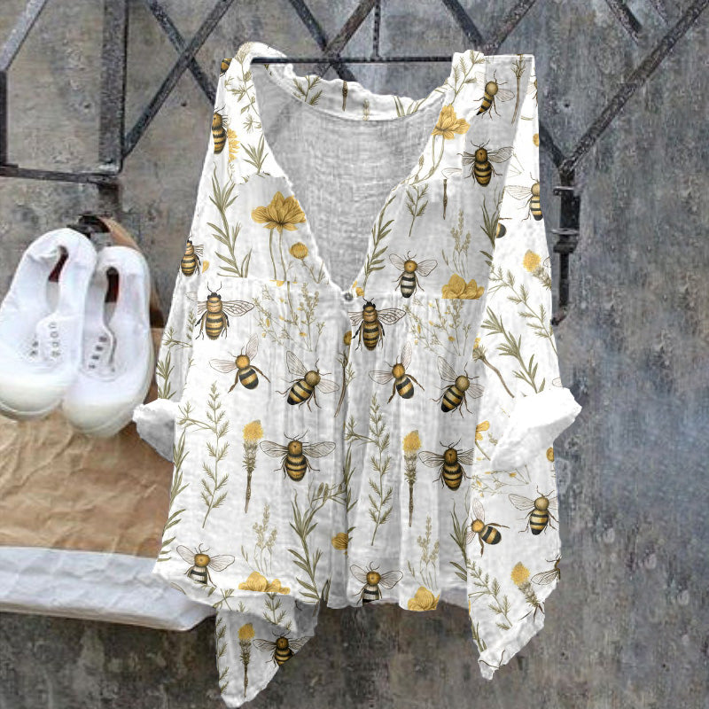 Comstylish Floral Bee Pattern Ladies Casual Cotton Linen Shirt