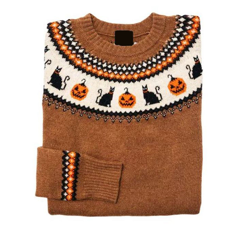 Retro Fall Black Cat Pumpkin Halloween Printed Women's Sweater artswardrobe