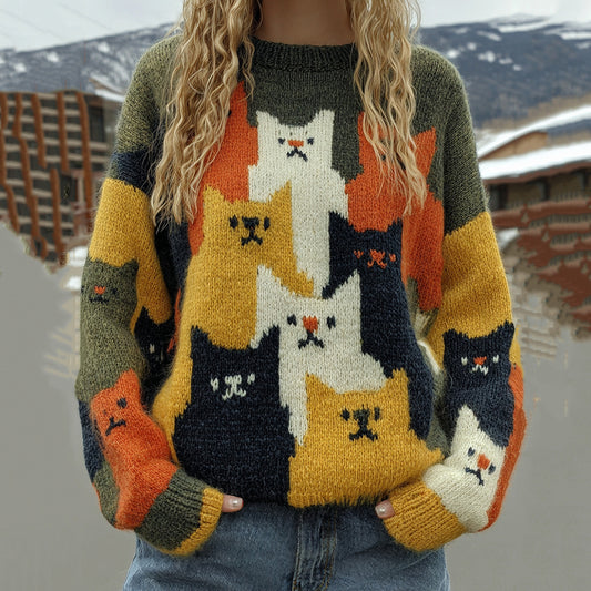 Colorful Winter Cats Pattern Art Cozy Knit Sweater elevenforest