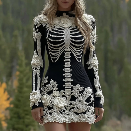 Women's Vintage Halloween Skeleton Bones Rose Art Cozy Knit Mini Sweater Dress artswardrobe