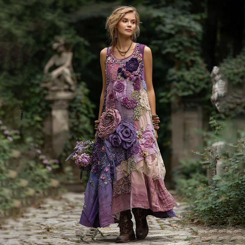 Classy Gradient Purple Lavender And Floral Embroidered Linen Maxi Dress artswardrobe