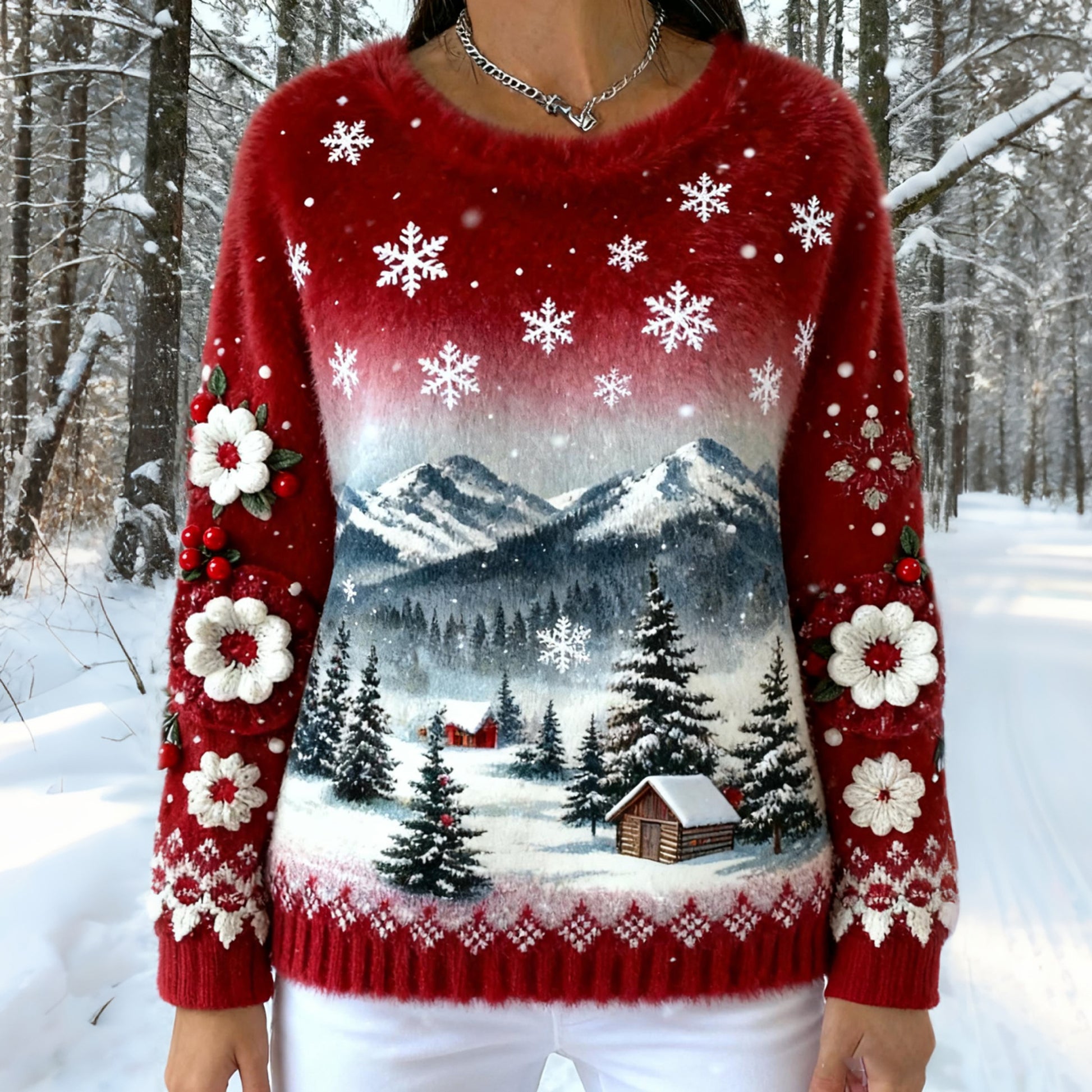 Comstylish Abstract Creative Snow Town Art Warm Hooded Sweater