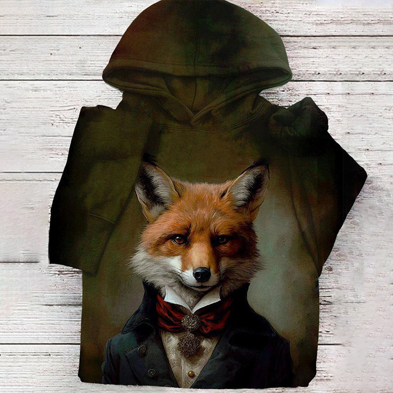 Men's Vintage Fox Print Long Sleeve Hoodie artswardrobe