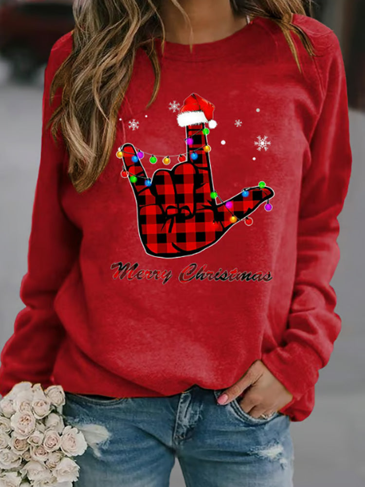 Comstylish Retro Merry Christmas Sign Language Asl Santa Hat Ily Sign Print Sweatshirt