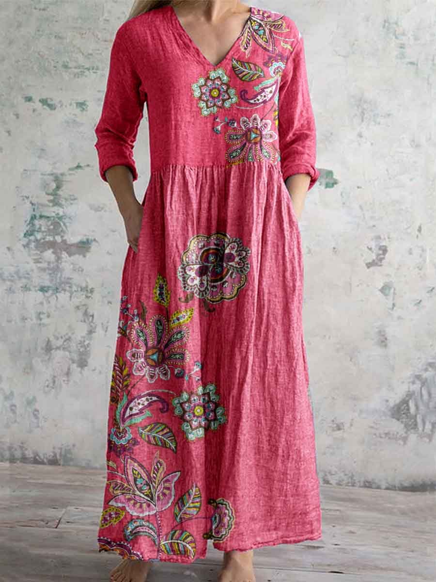 Women's Elegant Floral Pattern V-Neck Cotton Dress with Pockets