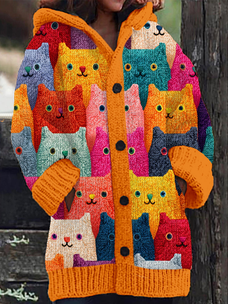 Vintage Colorful Cats Pattern Cozy Hooded Cardigan artswardrobe