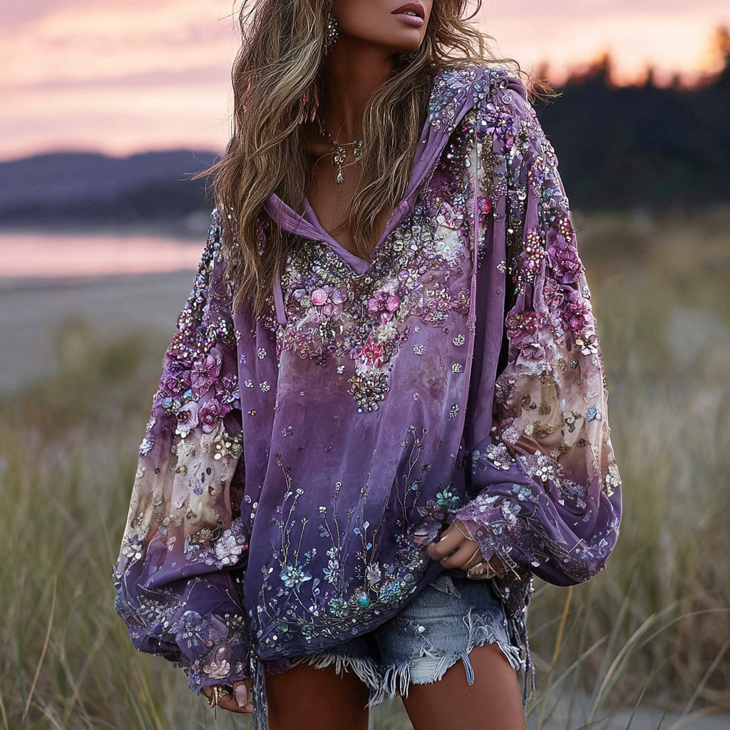 Comstylish Women's Boho Tie Dye Flowers Embroidered Sequined Hoodie