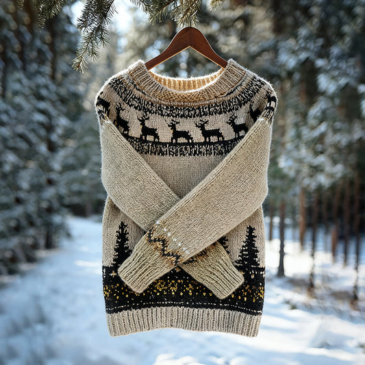 Comstylish Vintage Christmas Deer Art Icelandic Knit Jacquard Warmthcrew Neck Sweater（unisex）