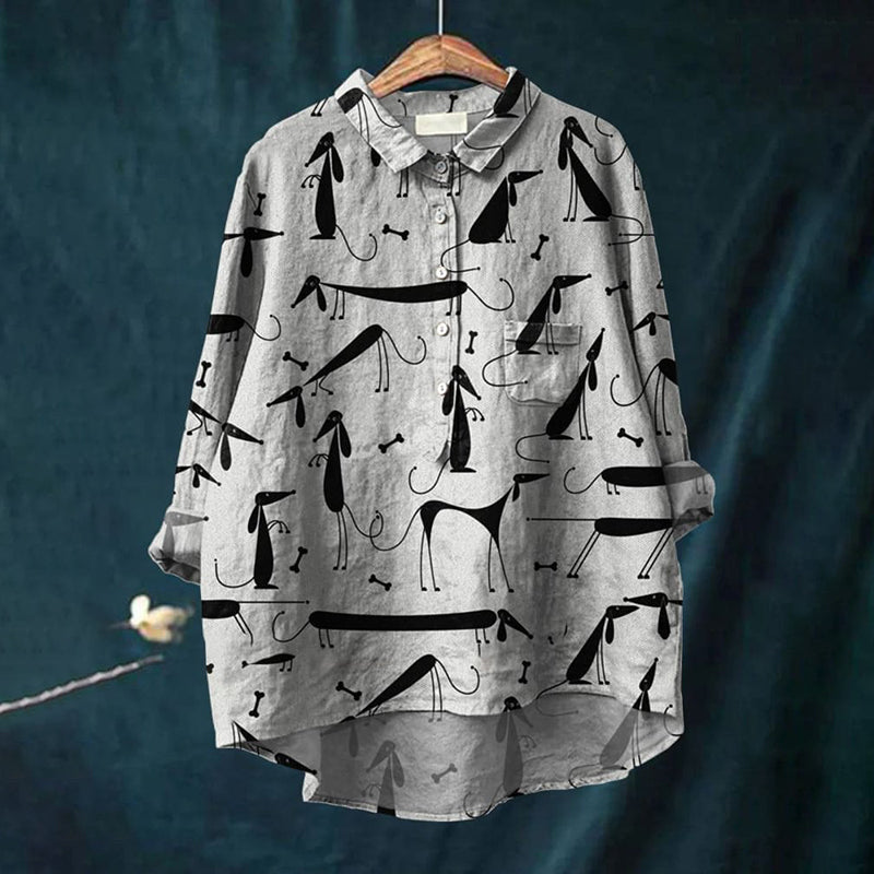 Comstylish Women'S Dachshund Art Print Casual Cotton And Linen Shirt