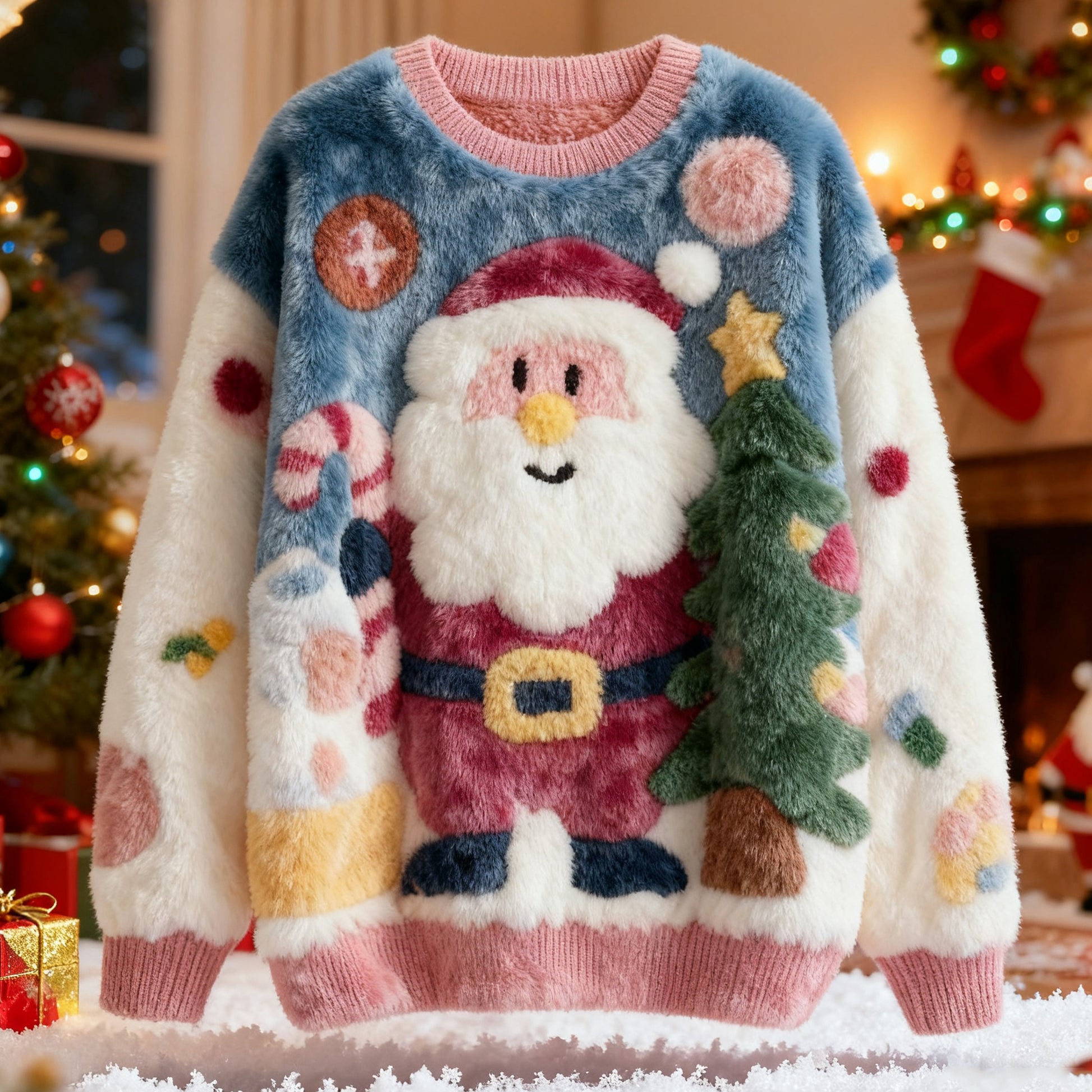 Comstylish Cute Santa Claus And Christmas Tree Pattern Warm Crew Neck Sweater