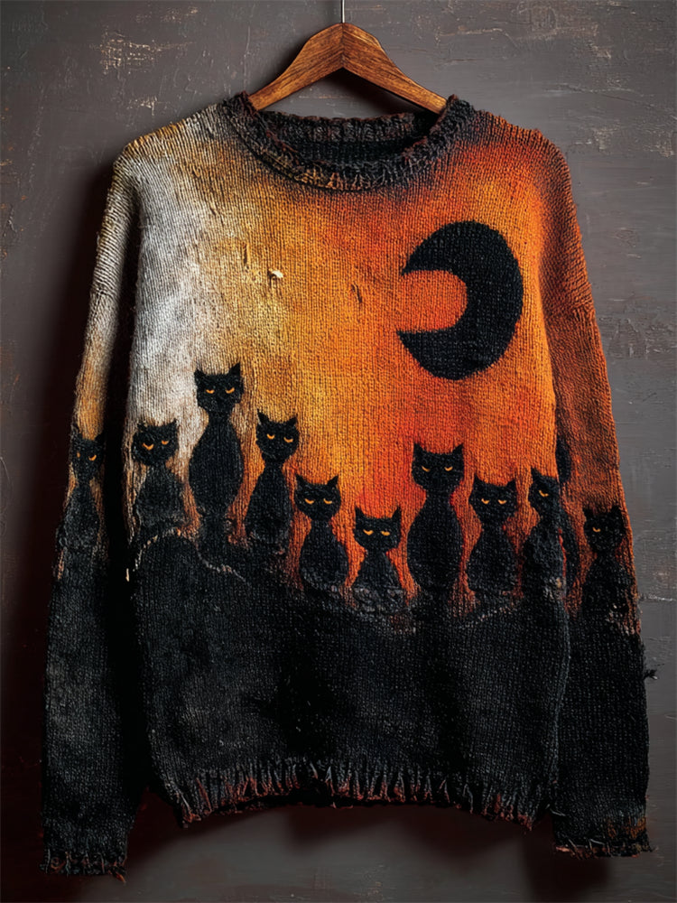 Halloween Night Black Cats Contrast Cozy Knit Sweater artswardrobe