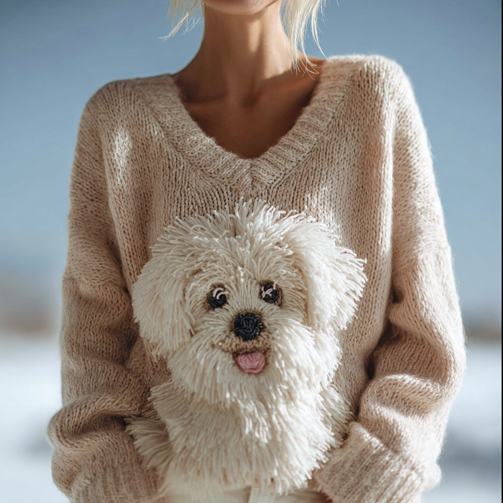 Comstylish Cute Fuzzy Dog Embroidered V Neck Cozy Sweater
