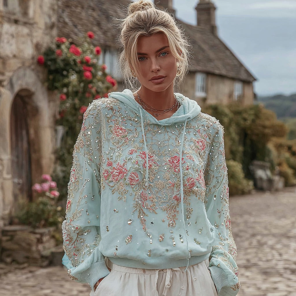 Women's Bohemian Floral Sequin Embroidered Hoodie artswardrobe