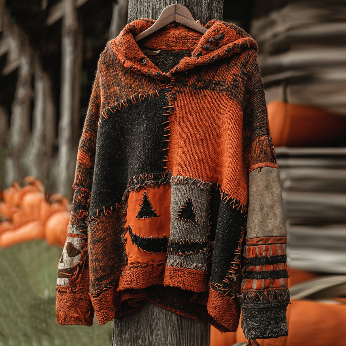 Vintage Patchwork Halloween Pumpkin Face Art Cozy Knit Hooded Sweater elevenforest