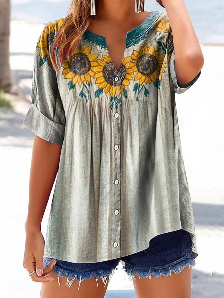 Women's Bohemian Floral Art Print Casual Cotton And Linen Shirt