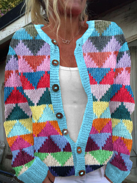 Colorful Geometric Pattern Cozy Knit Icelandic Cardigan elevenforest